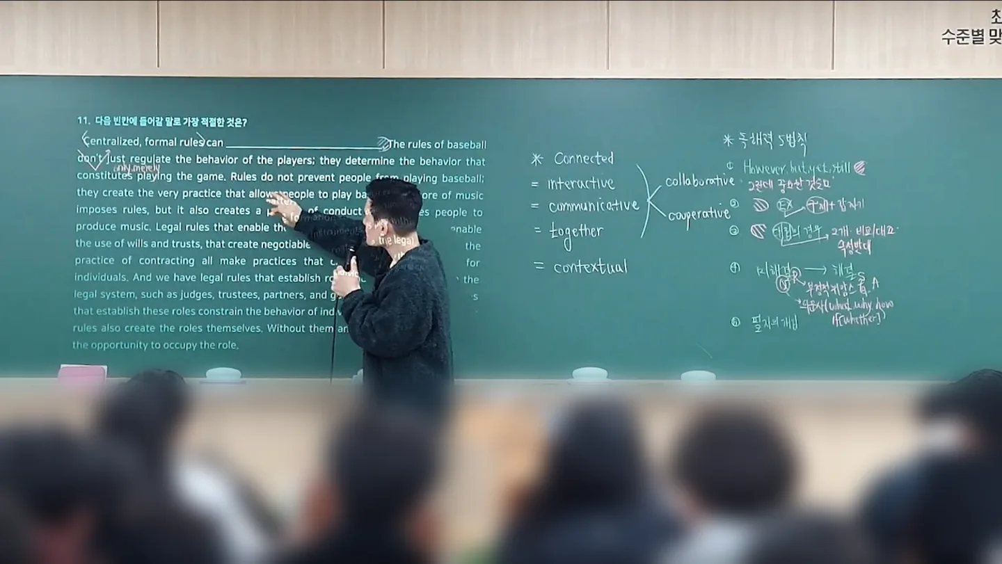 메가스터디 러셀 분당 강의실에서 한세훈 강사가 칠판 앞에서 지문을 짚으며 수업하는 모습